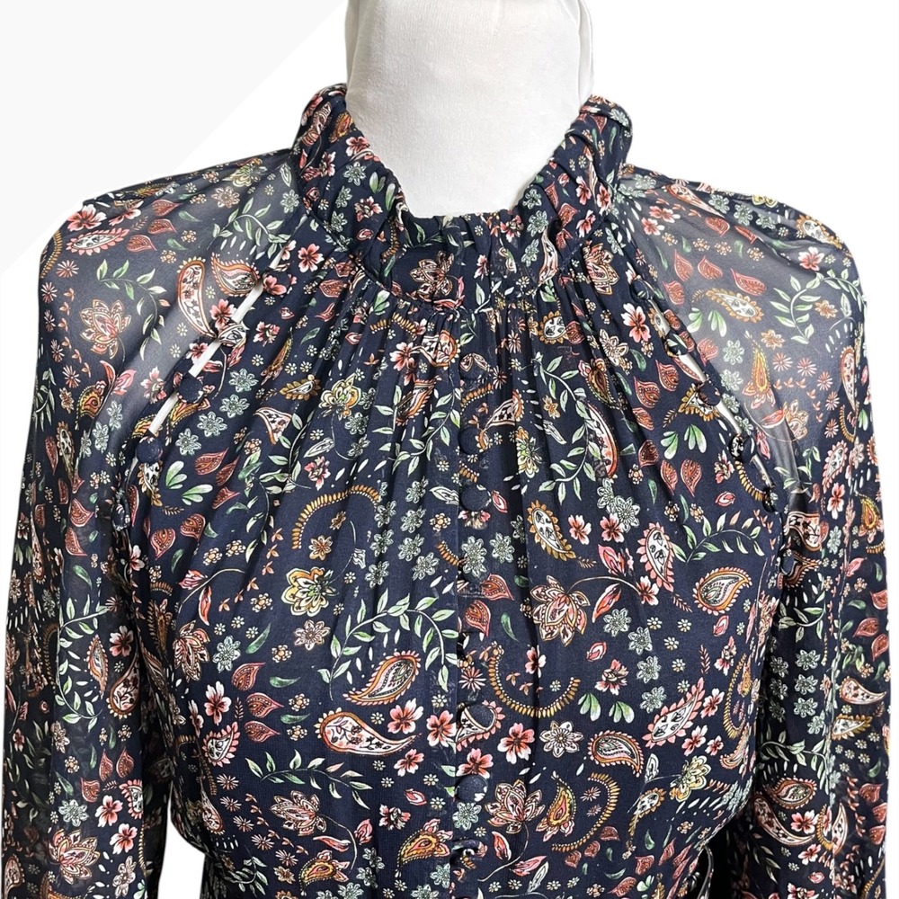 Nicholas Silk Floral Paisley Belted Mini Dress Navy Blue‎ Long Sleeve Size 4 - Picture 3 of 13